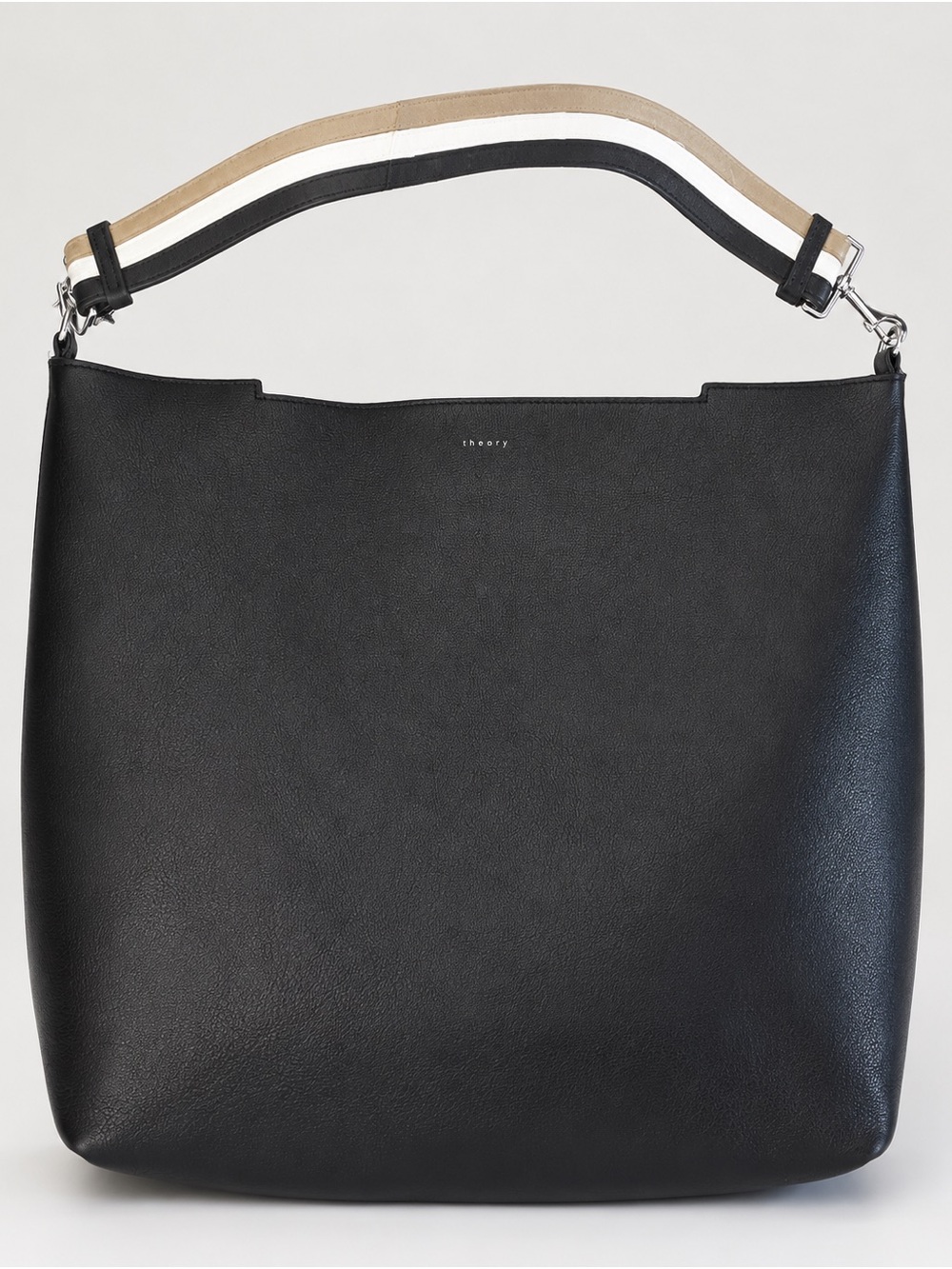Theory Black Leather Shoulder Bag with Striped Strap Boho Minimalist White